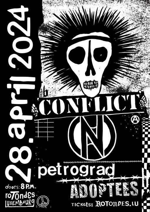 Black-and-white concert poster for Conflict at Rotondes in Luxembourg on 28 April 2024 with support from Petrograd and Adoptees