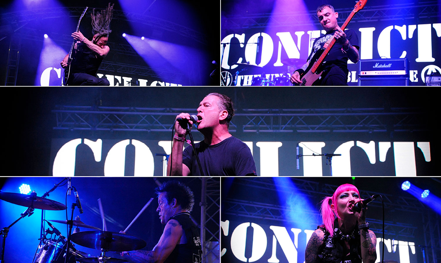 Live concert collage of Conflict performing on stage under purple and blue lights